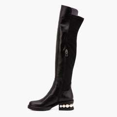 The Valeria Pearl Heel Knee-High Black Leather Boot