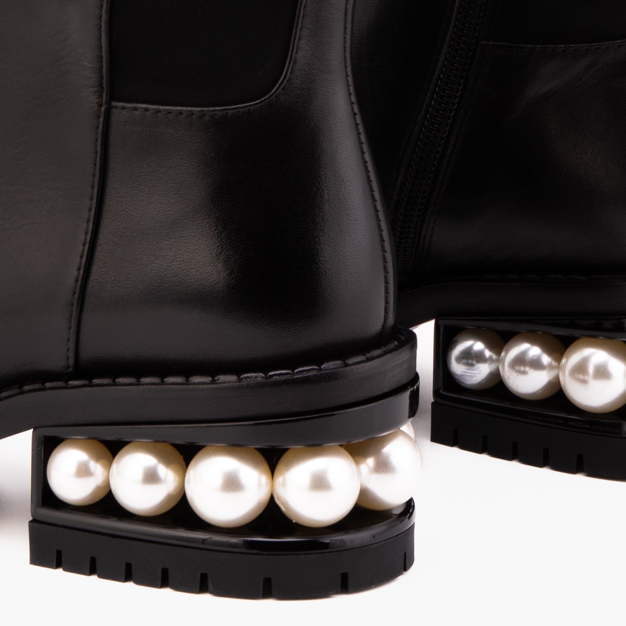 The Valeria Pearl Heel Knee-High Black Leather Boot
