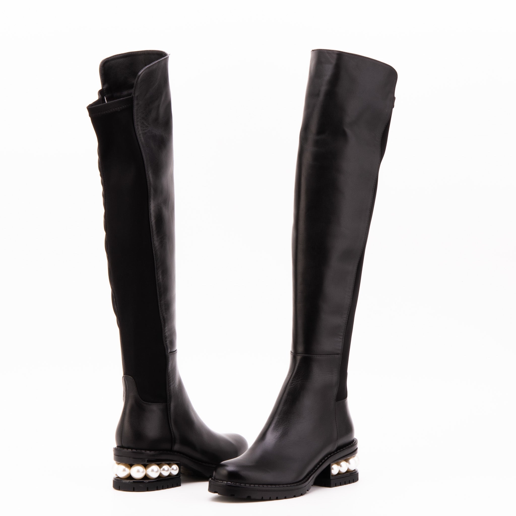 The Valeria Pearl Heel Knee-High Black Leather Boot