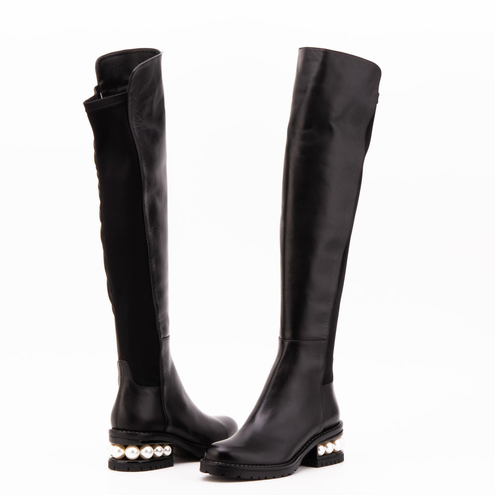 The Valeria Pearl Heel Knee-High Black Leather Boot