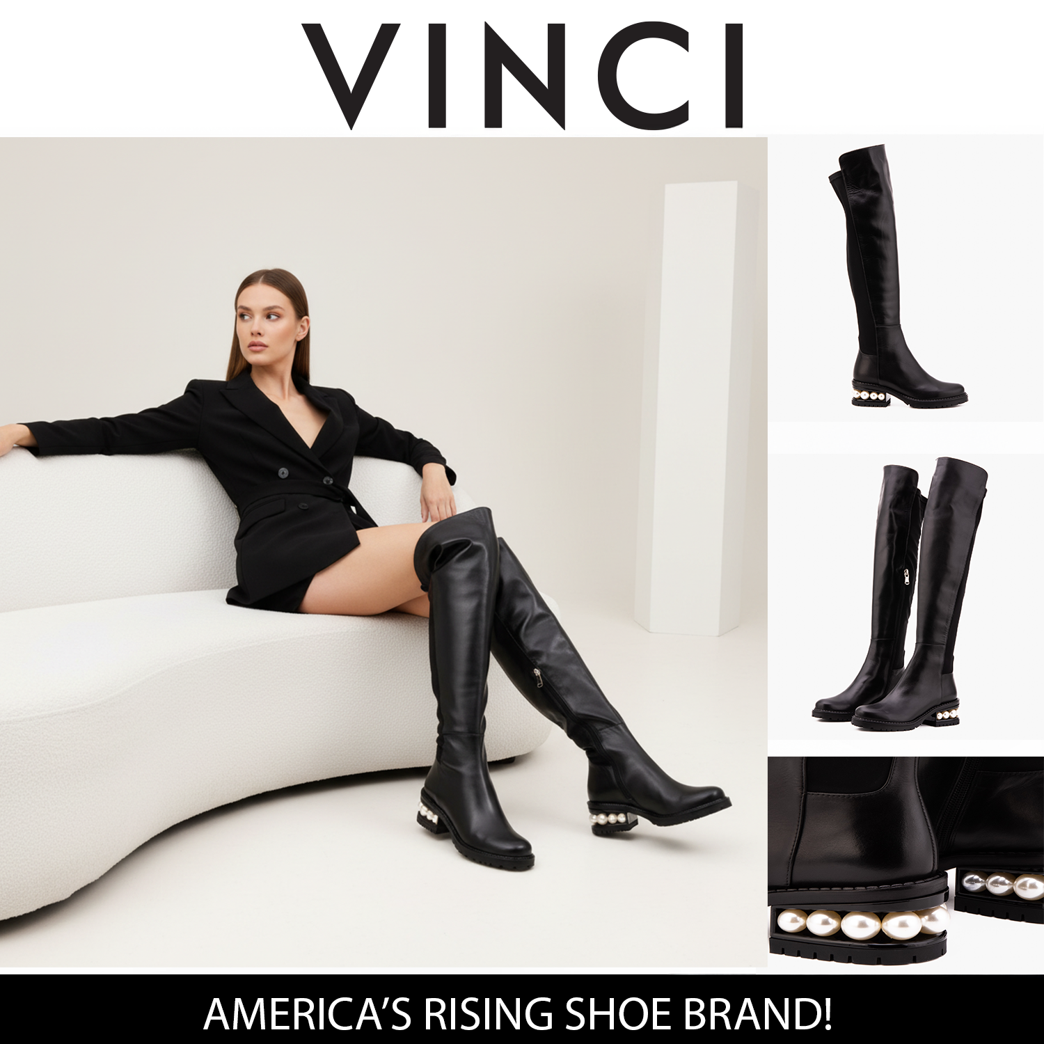 The Valeria Pearl Heel Knee-High Black Leather Boot