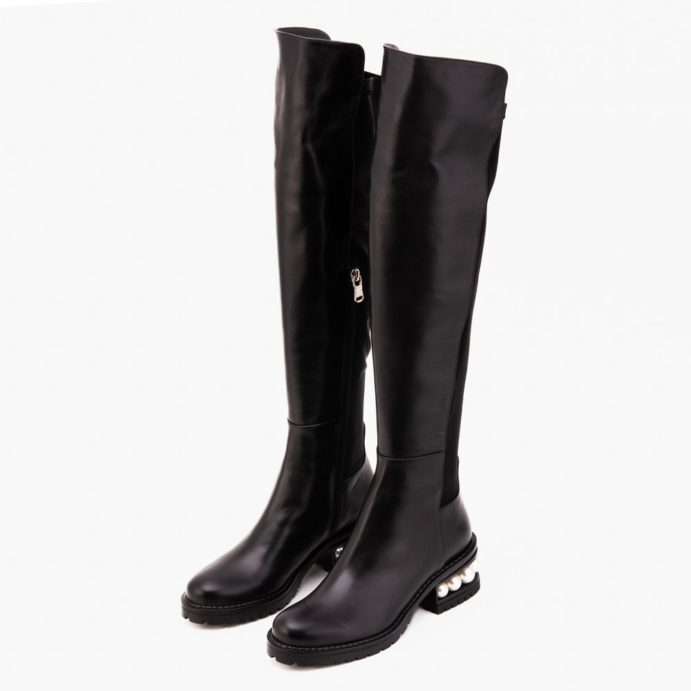 The Valeria Pearl Heel Knee-High Black Leather Boot