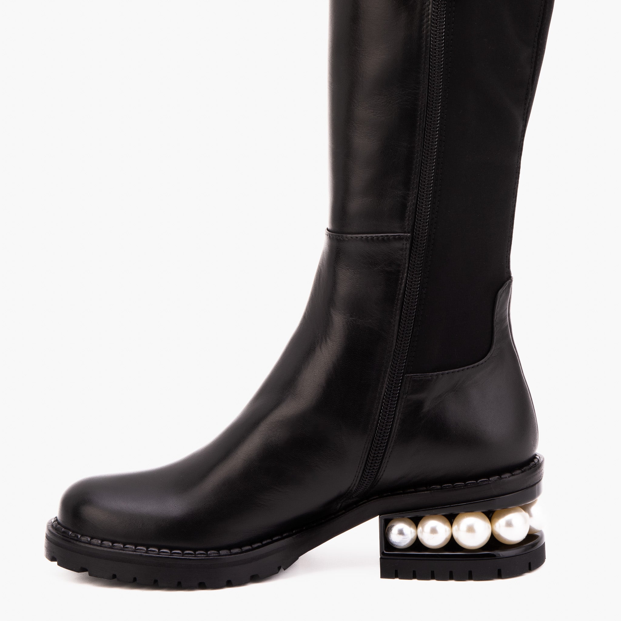 The Valeria Pearl Heel Knee-High Black Leather Boot
