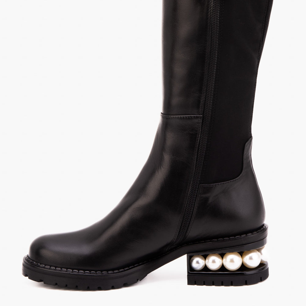 The Valeria Pearl Heel Knee-High Black Leather Boot