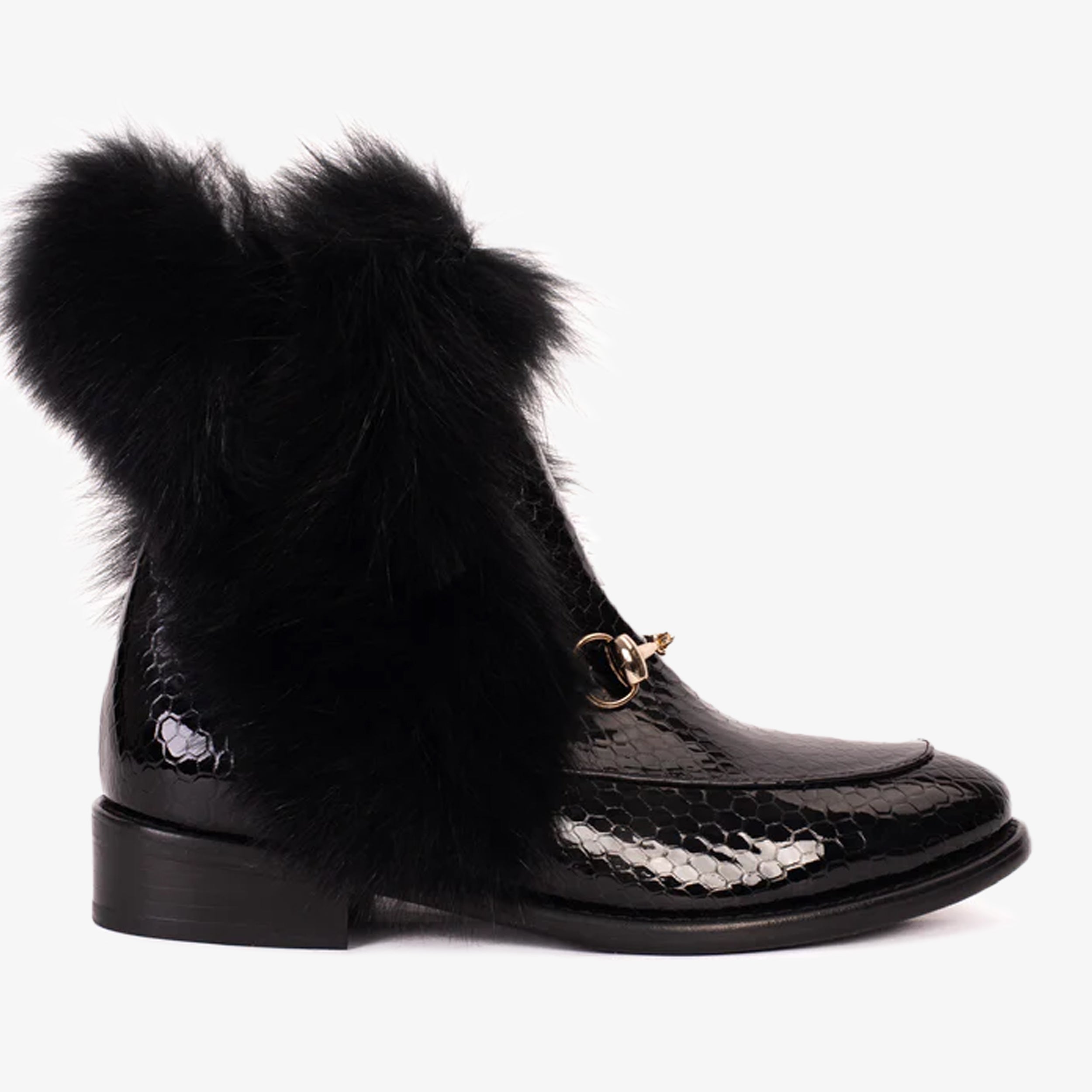 The Izmir Black Patent Leather Natural Fur Mid Calf  Boot