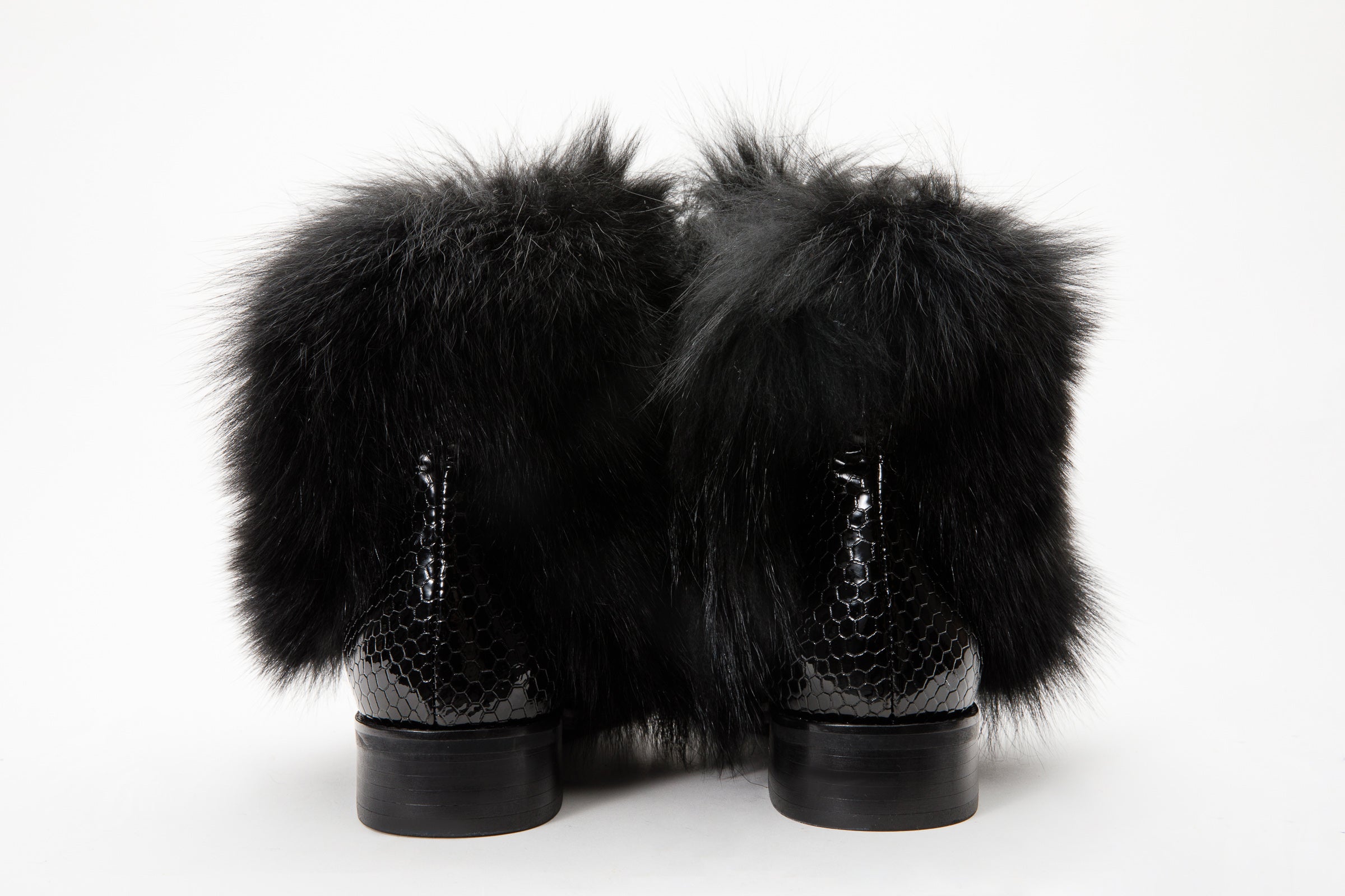 The Izmir Black Patent Leather Natural Fur Mid Calf  Boot