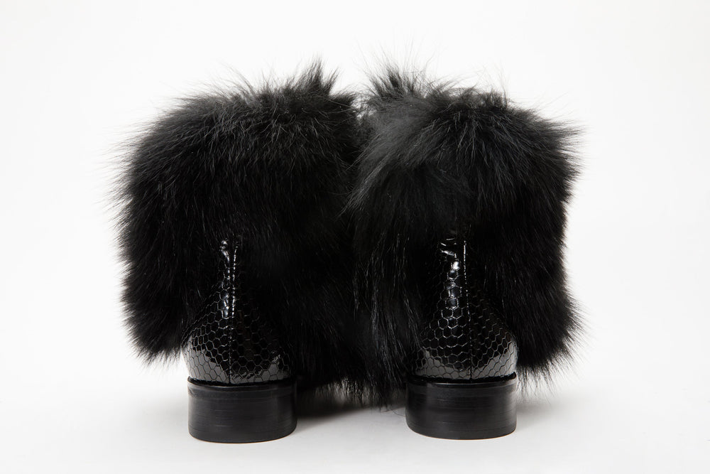 The Izmir Black Patent Leather Natural Fur Mid Calf  Boot