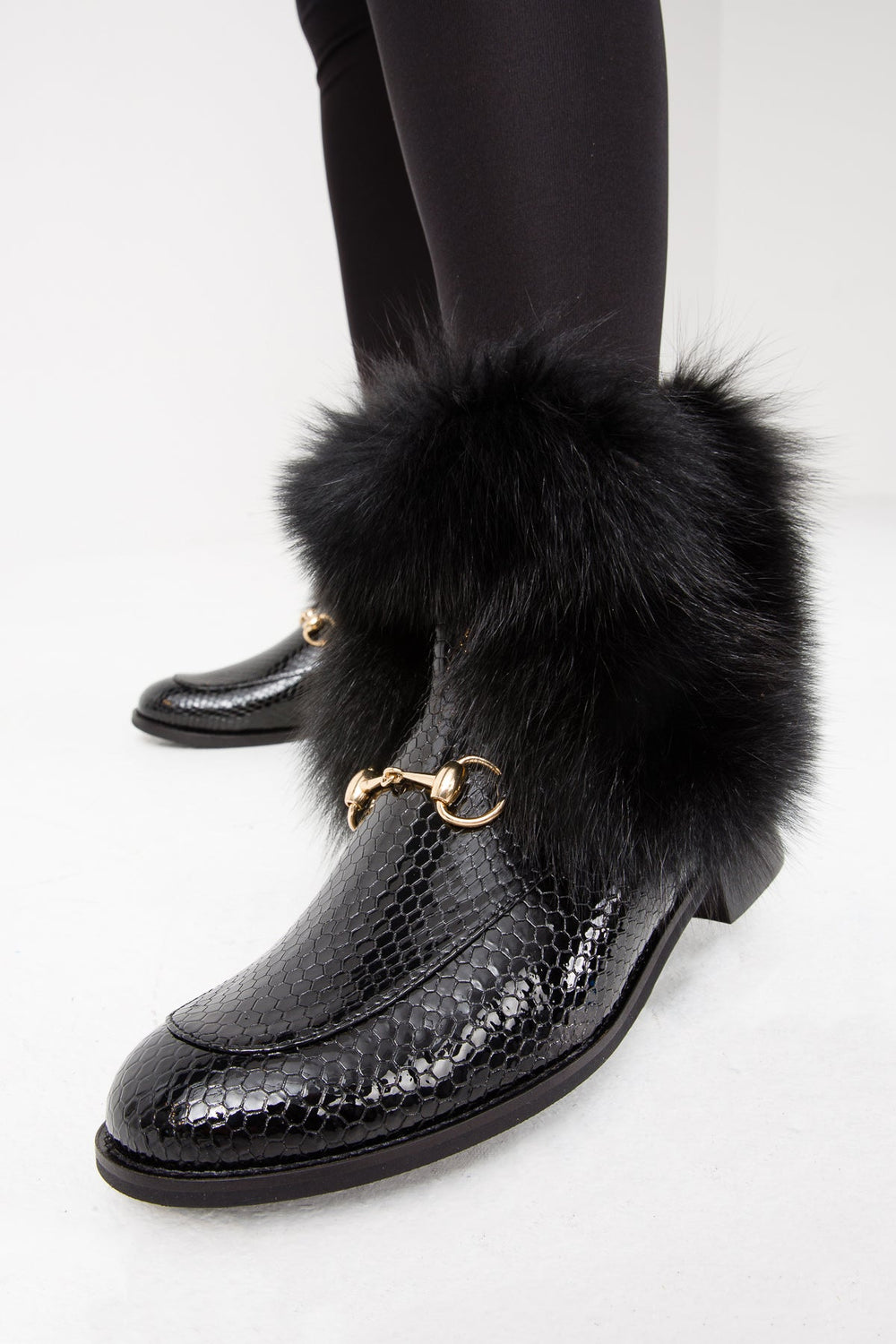 The Izmir Black Patent Leather Natural Fur Mid Calf  Boot
