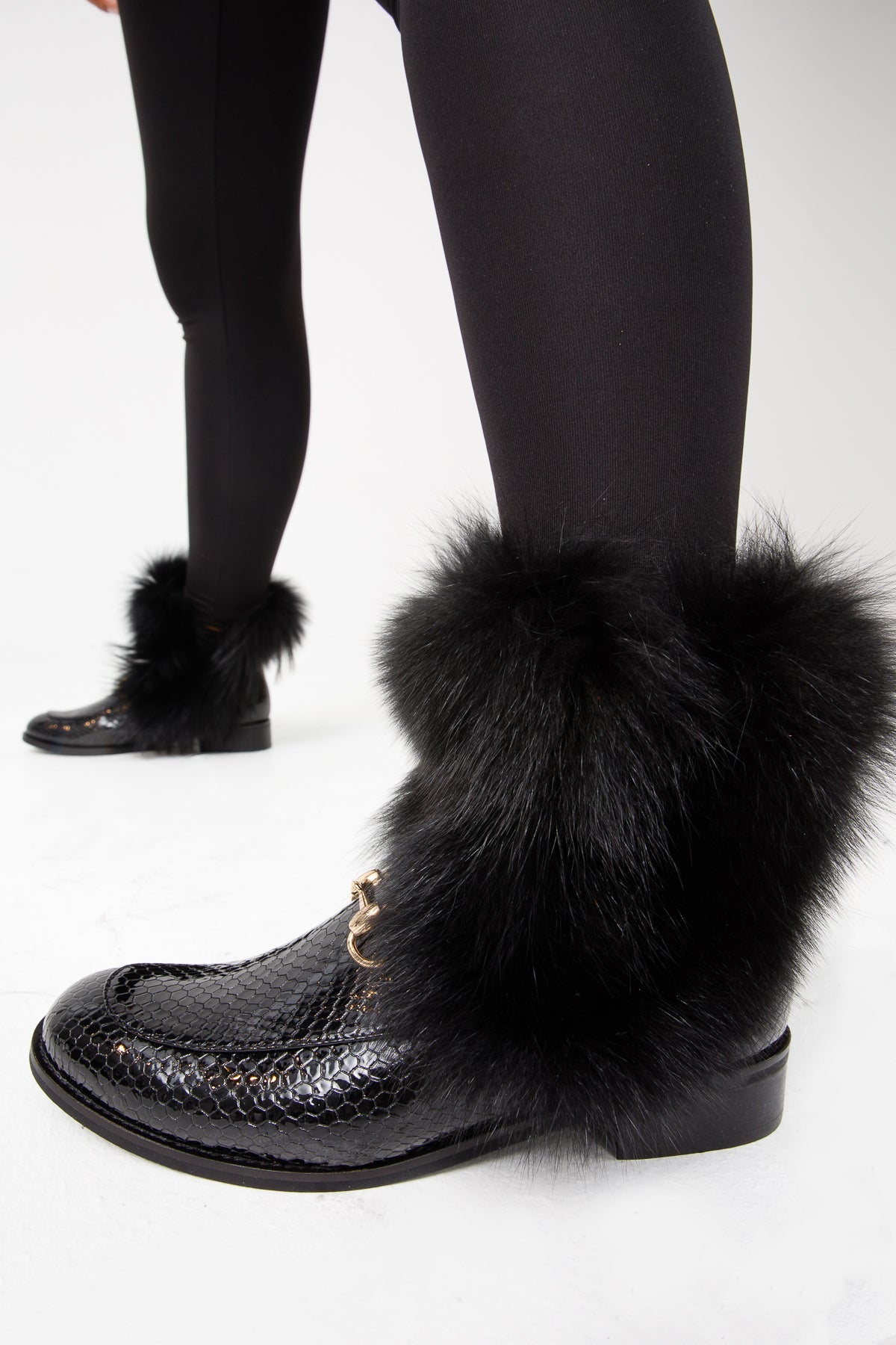 The Izmir Black Patent Leather Natural Fur Mid Calf  Boot