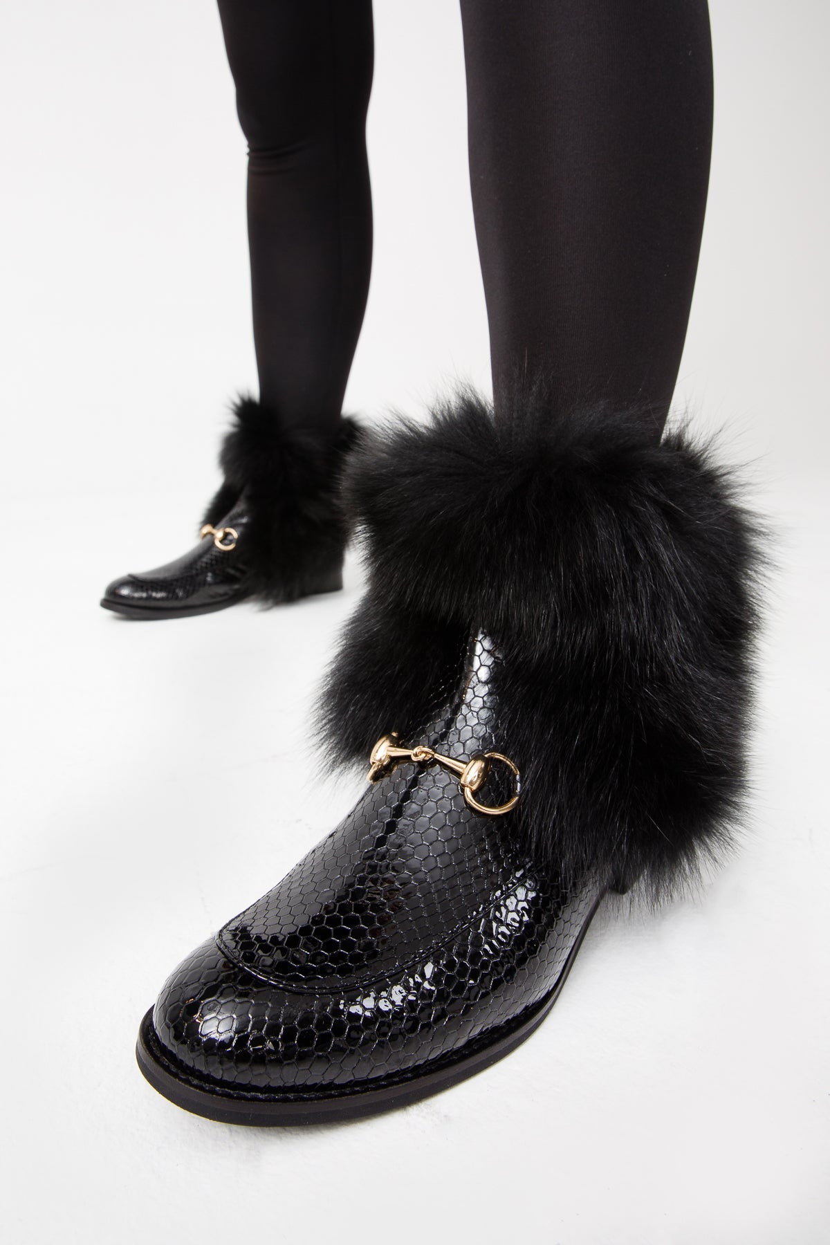 The Izmir Black Patent Leather Natural Fur Mid Calf  Boot