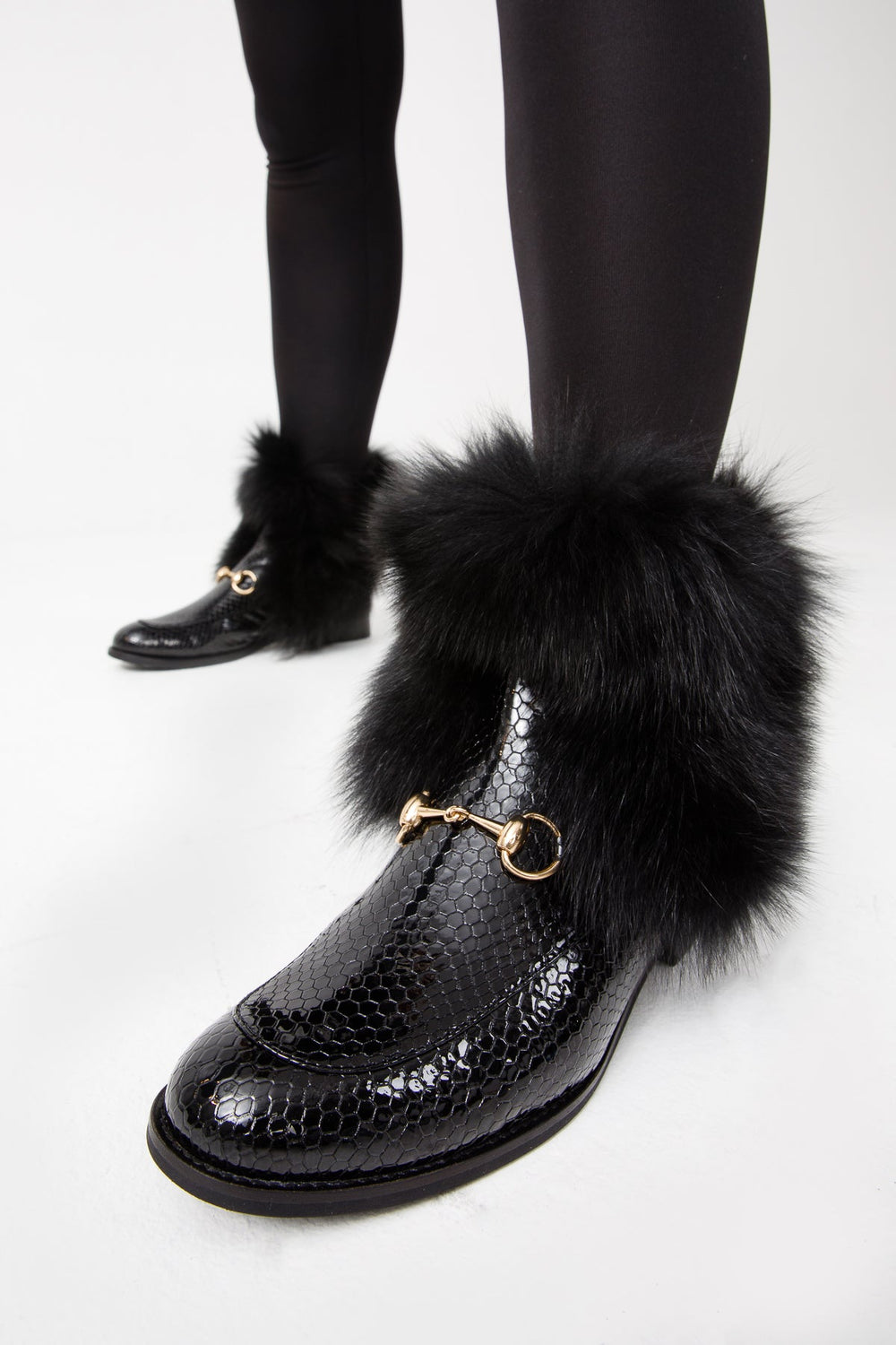 The Izmir Black Patent Leather Natural Fur Mid Calf  Boot