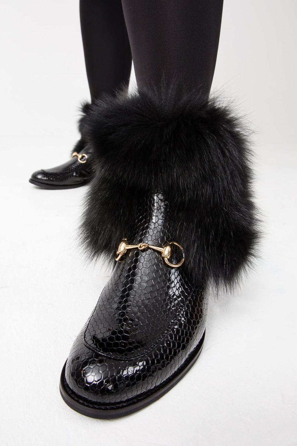 The Izmir Black Patent Leather Natural Fur Mid Calf  Boot