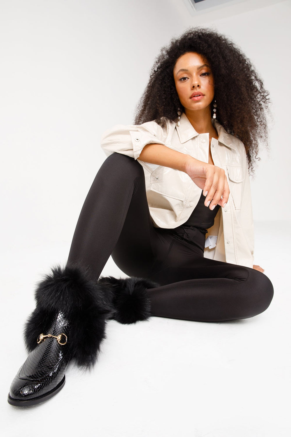 The Izmir Black Patent Leather Natural Fur Mid Calf  Boot