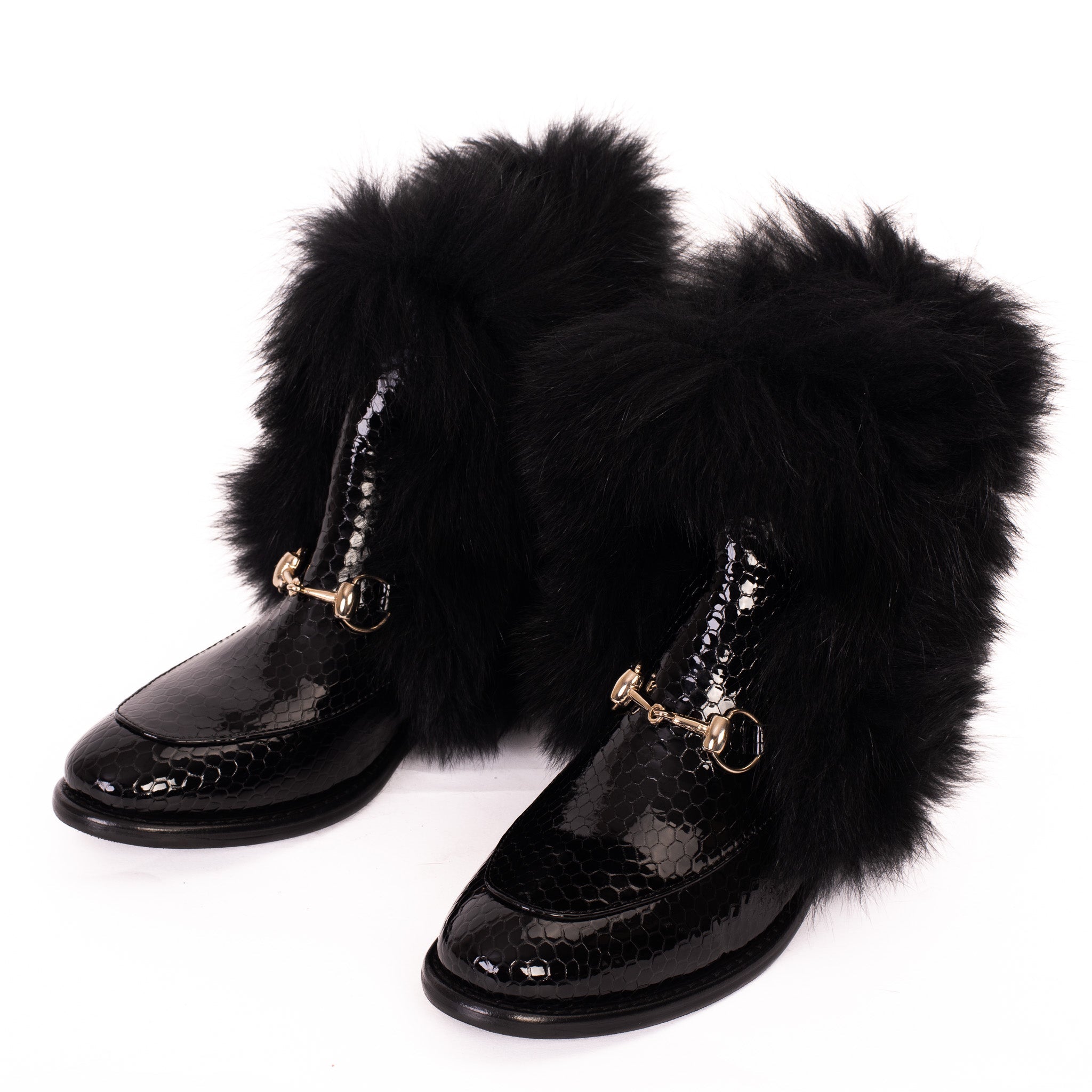 The Izmir Black Patent Leather Natural Fur Mid Calf  Boot