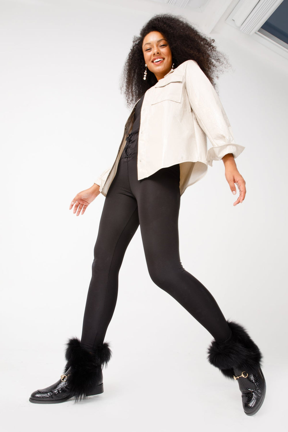 The Izmir Black Patent Leather Natural Fur Mid Calf  Boot