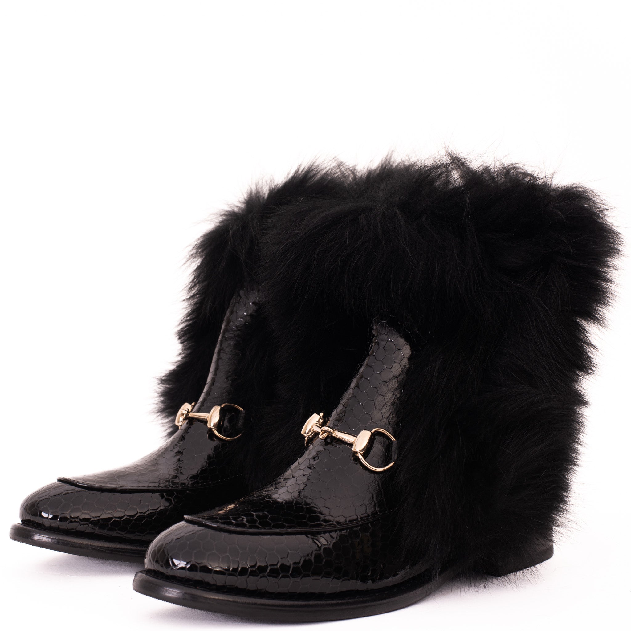 The Izmir Black Patent Leather Natural Fur Mid Calf  Boot