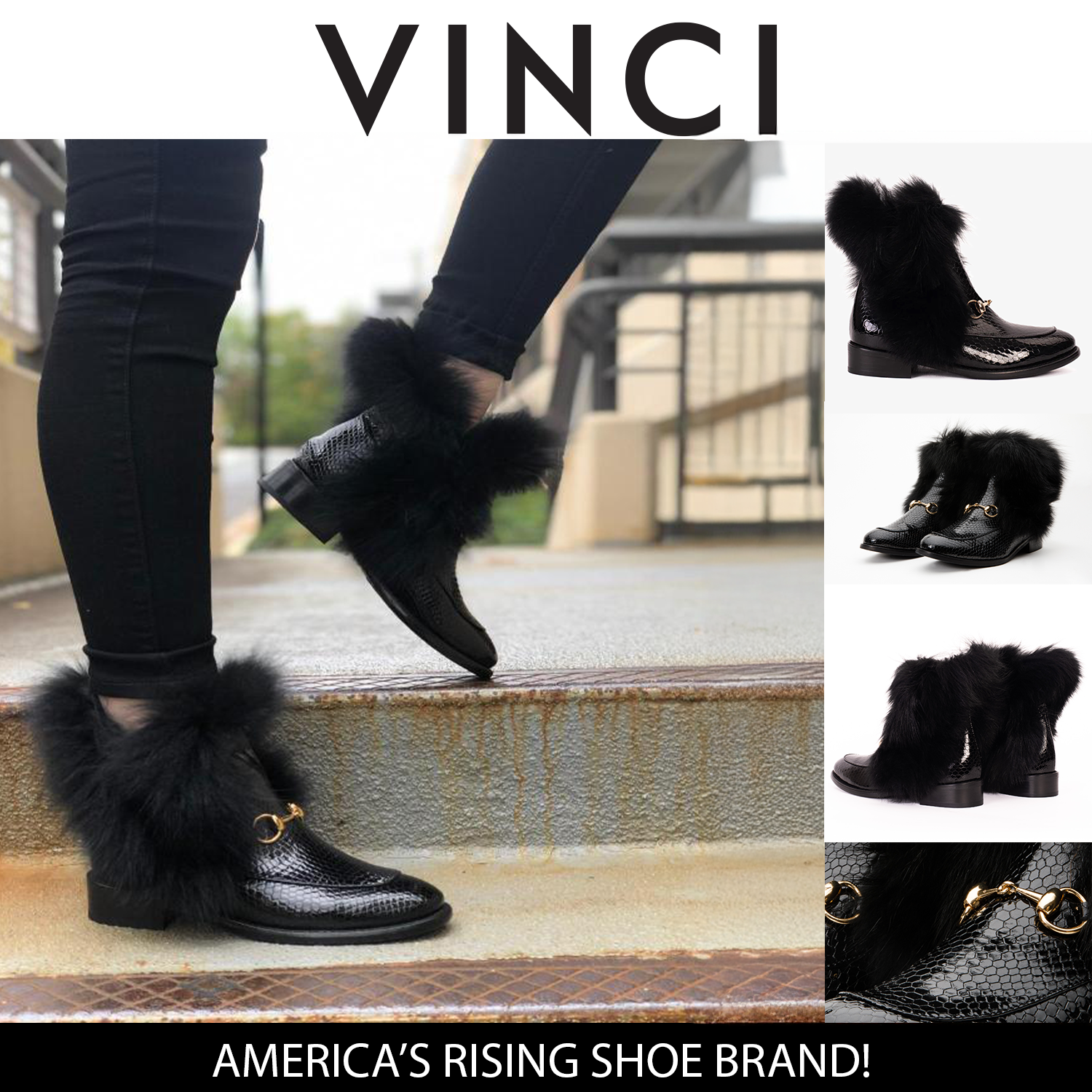 The Izmir Black Patent Leather Natural Fur Mid Calf  Boot