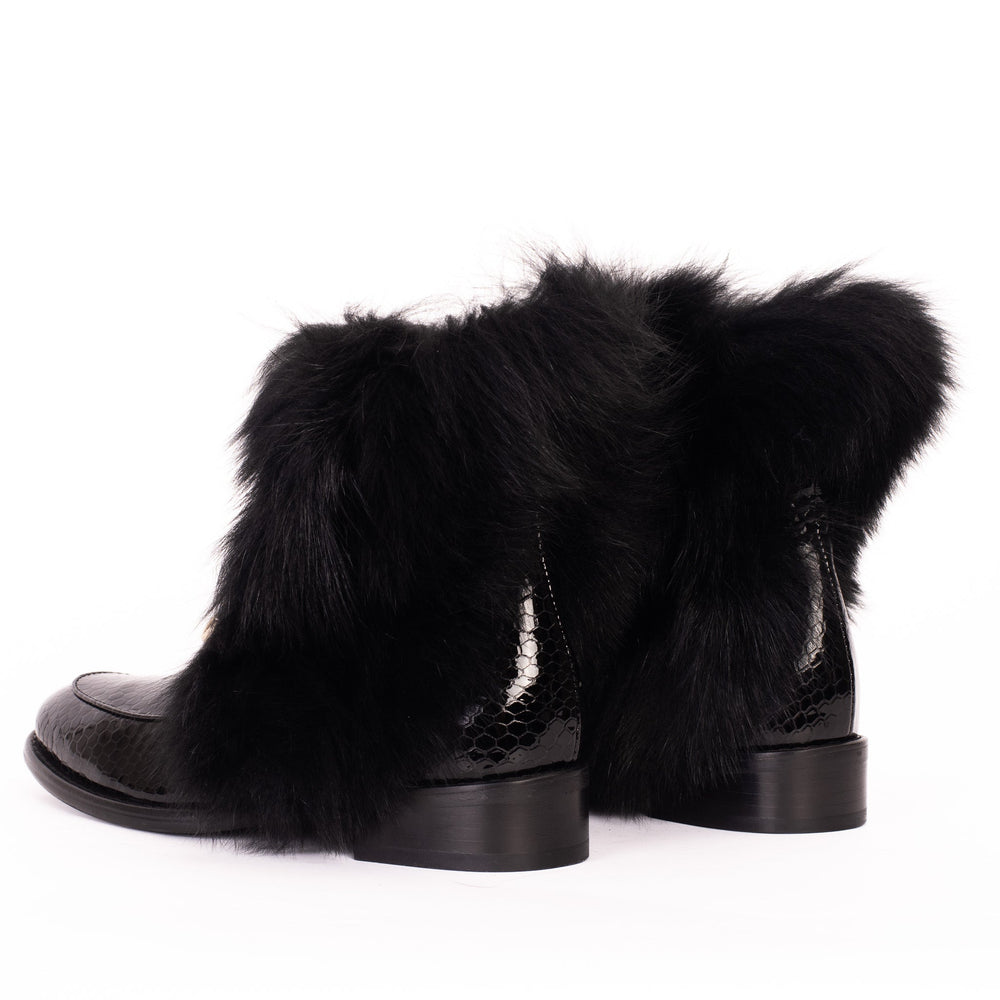 The Izmir Black Patent Leather Natural Fur Mid Calf  Boot