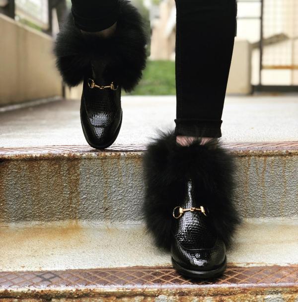The Izmir Black Patent Leather Natural Fur Mid Calf  Boot