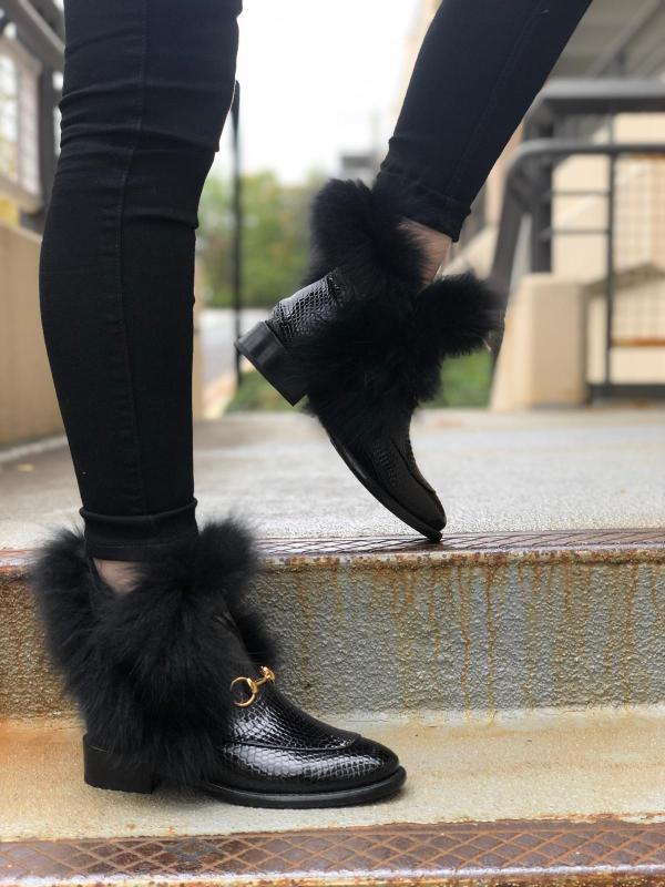 The Izmir Black Patent Leather Natural Fur Mid Calf  Boot