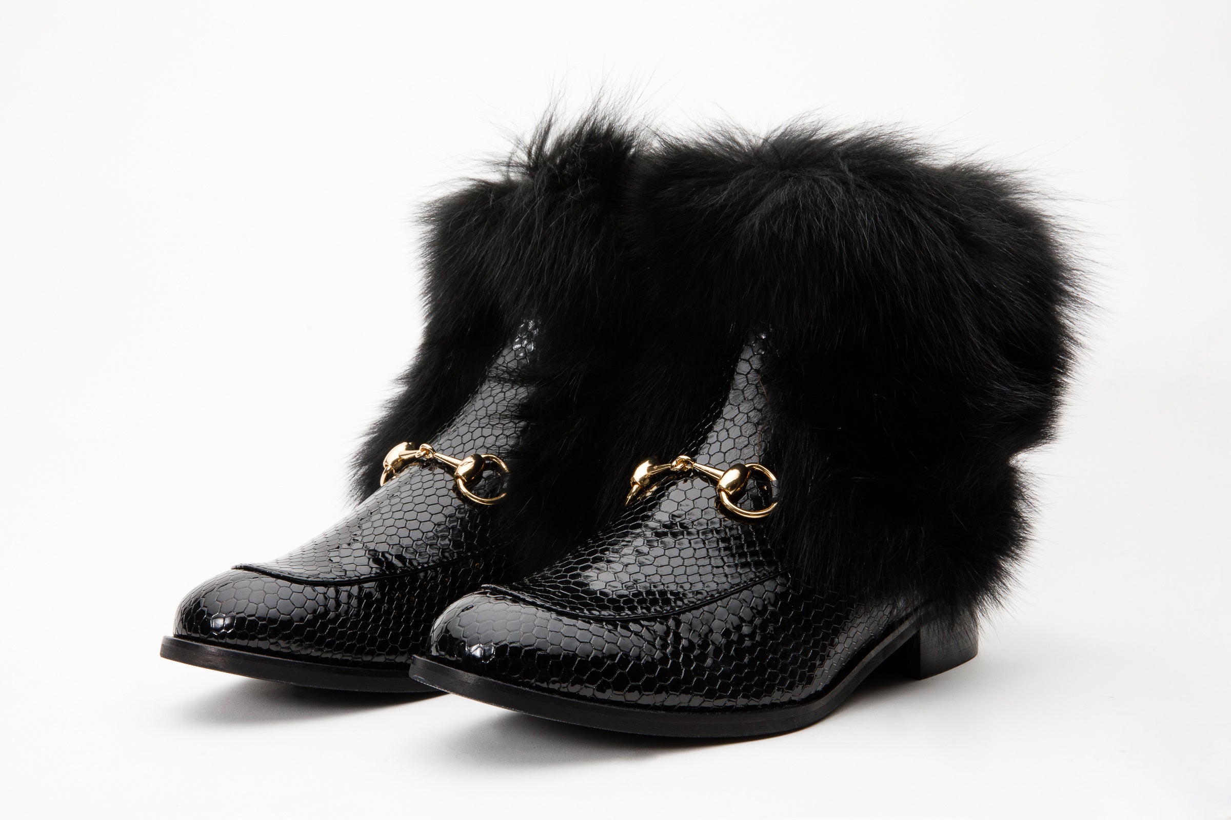 The Izmir Black Patent Leather Natural Fur Mid Calf  Boot