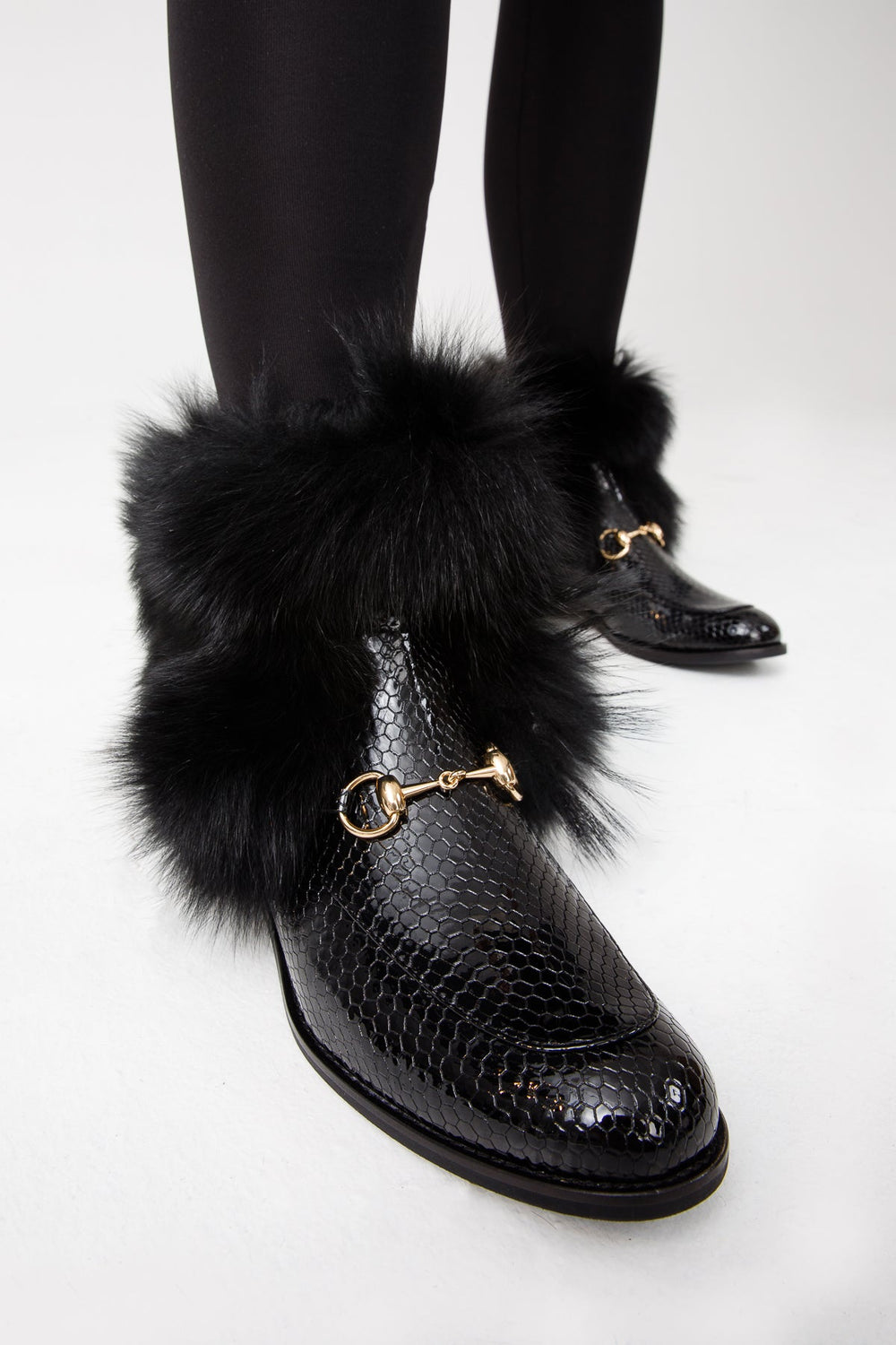 The Izmir Black Patent Leather Natural Fur Mid Calf  Boot