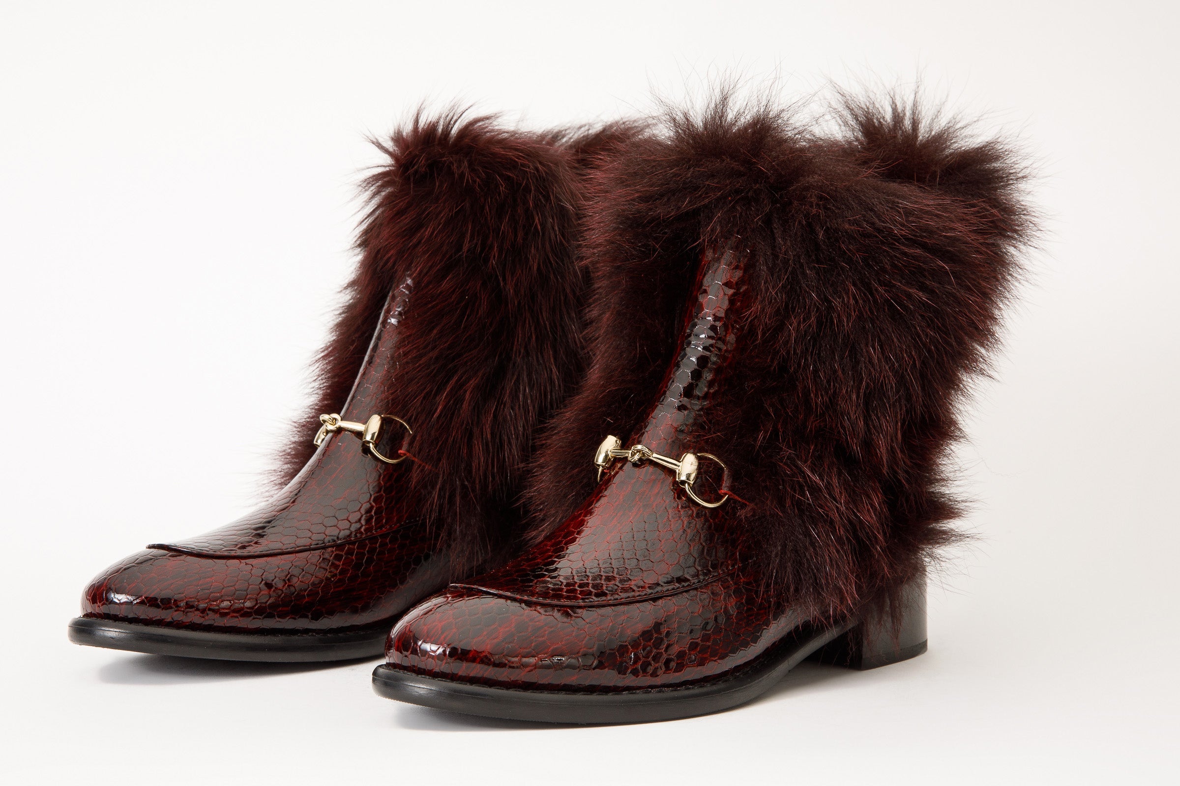 The Izmir Burgundy Patent Leather Natural Fur Mid Calf Boot