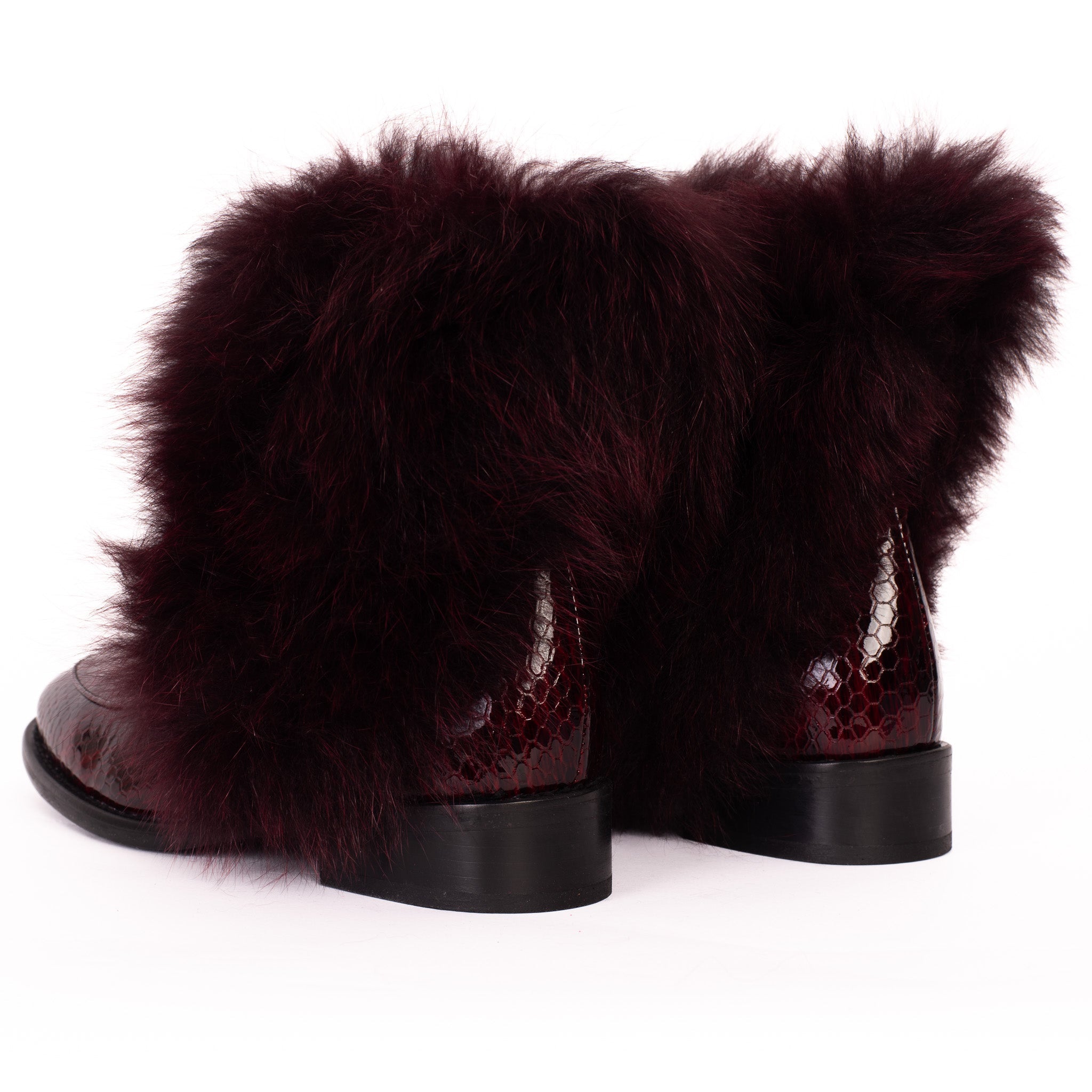 The Izmir Burgundy Patent Leather Natural Fur Mid Calf Boot