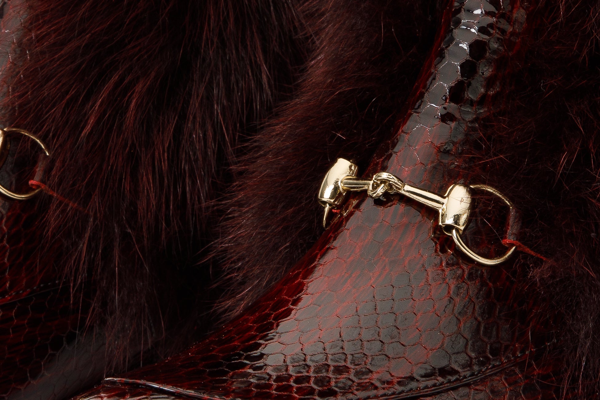 The Izmir Burgundy Patent Leather Natural Fur Mid Calf Boot