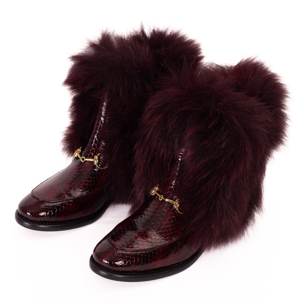 The Izmir Burgundy Patent Leather Natural Fur Mid Calf Boot