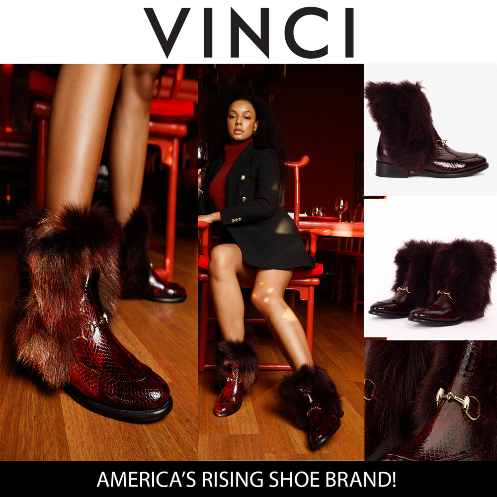 The Izmir Burgundy Patent Leather Natural Fur Mid Calf Boot