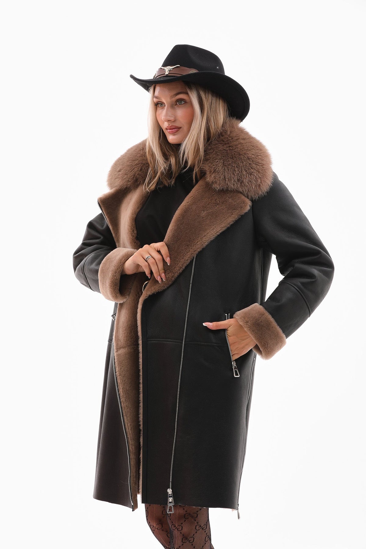The Onyx Caramel Shearling Fox Fur Leather Jacket