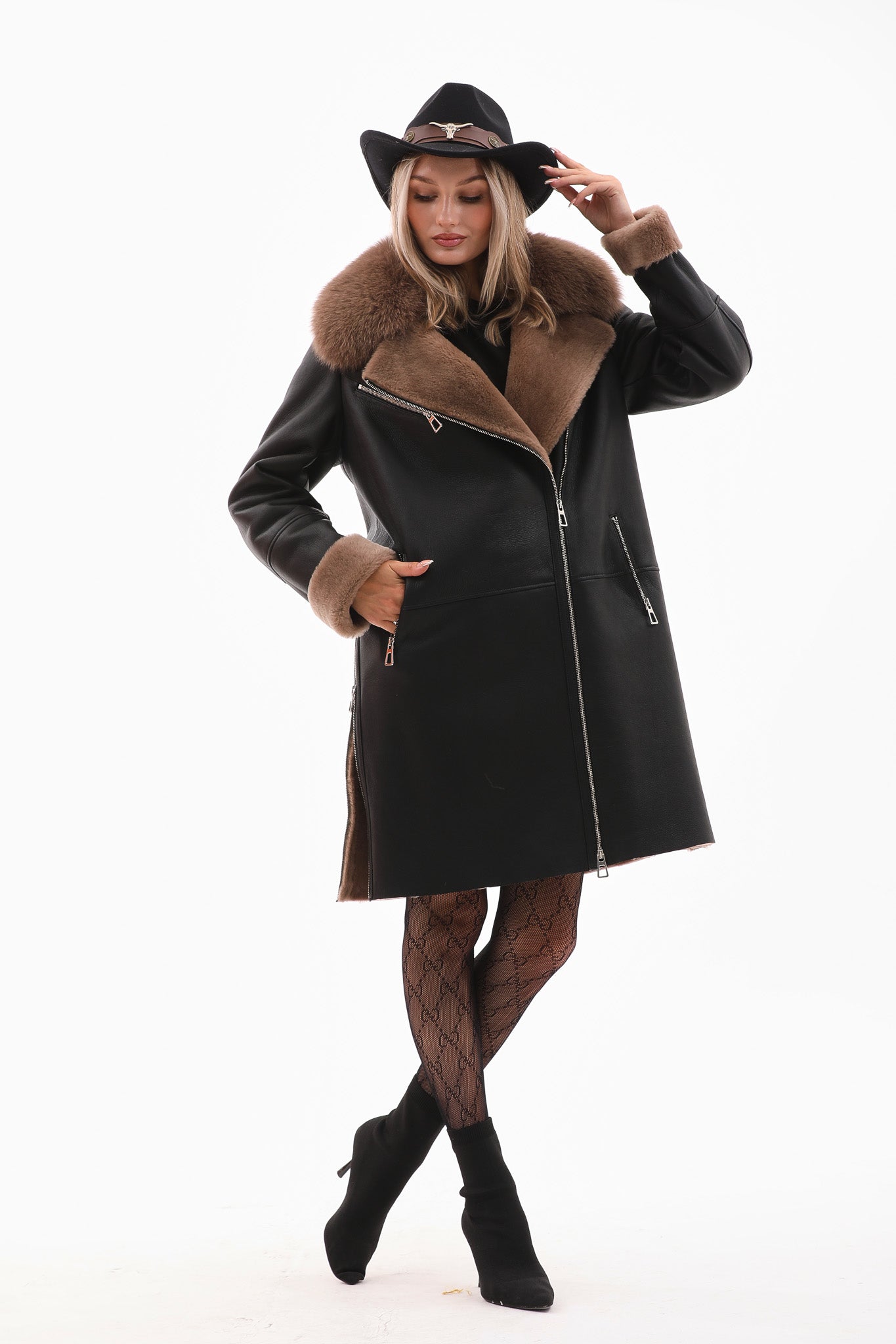 The Onyx Caramel Shearling Fox Fur Leather Jacket