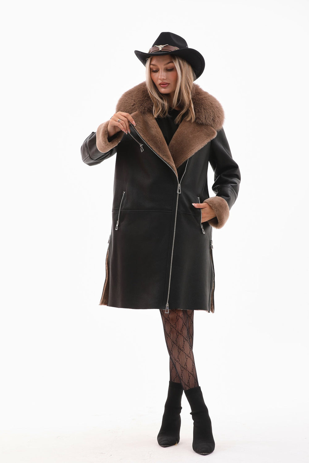 The Onyx Caramel Shearling Fox Fur Leather Jacket