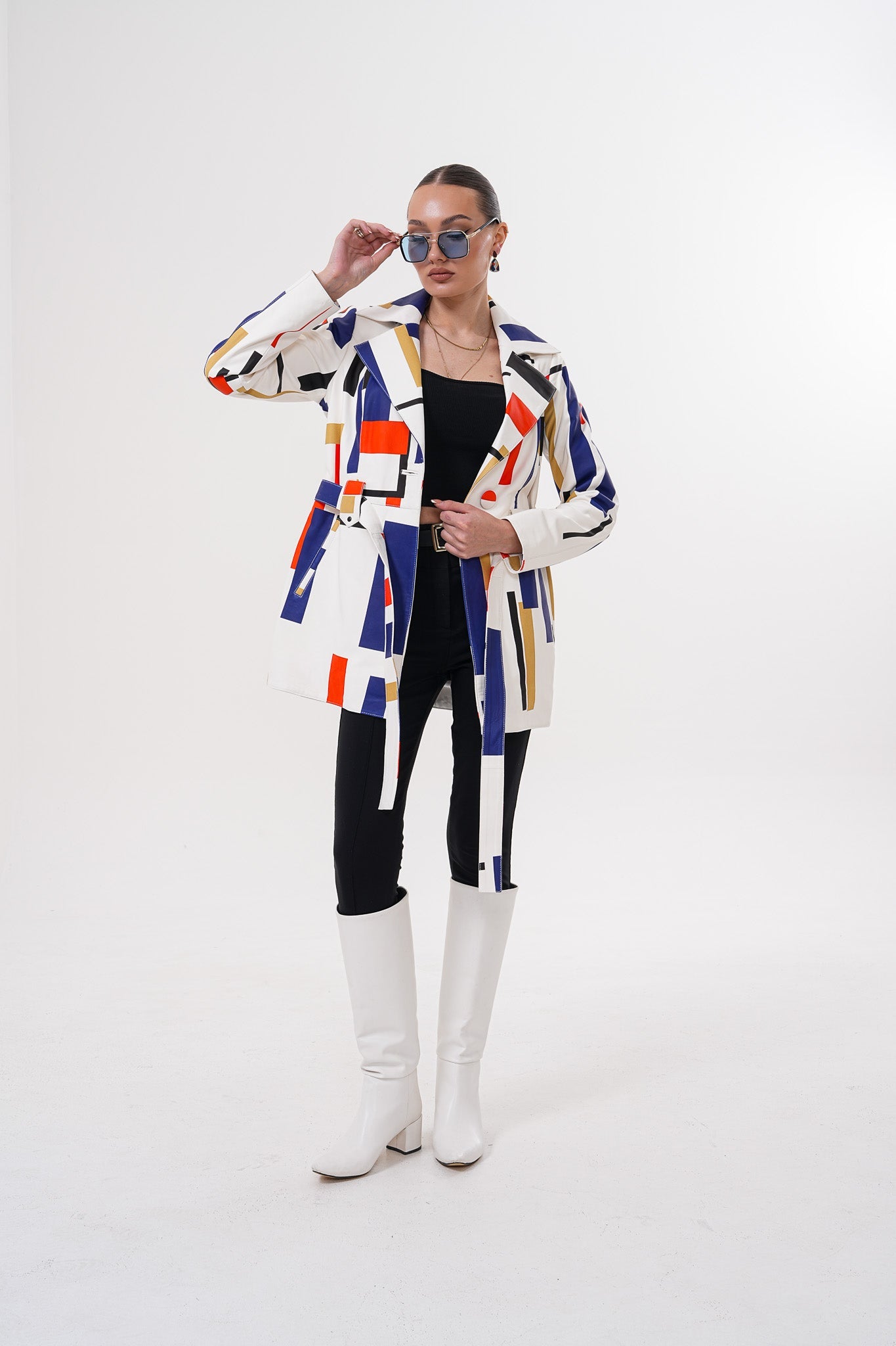 Sienna Abstract Art Leather Jacket – Red Navy Edition