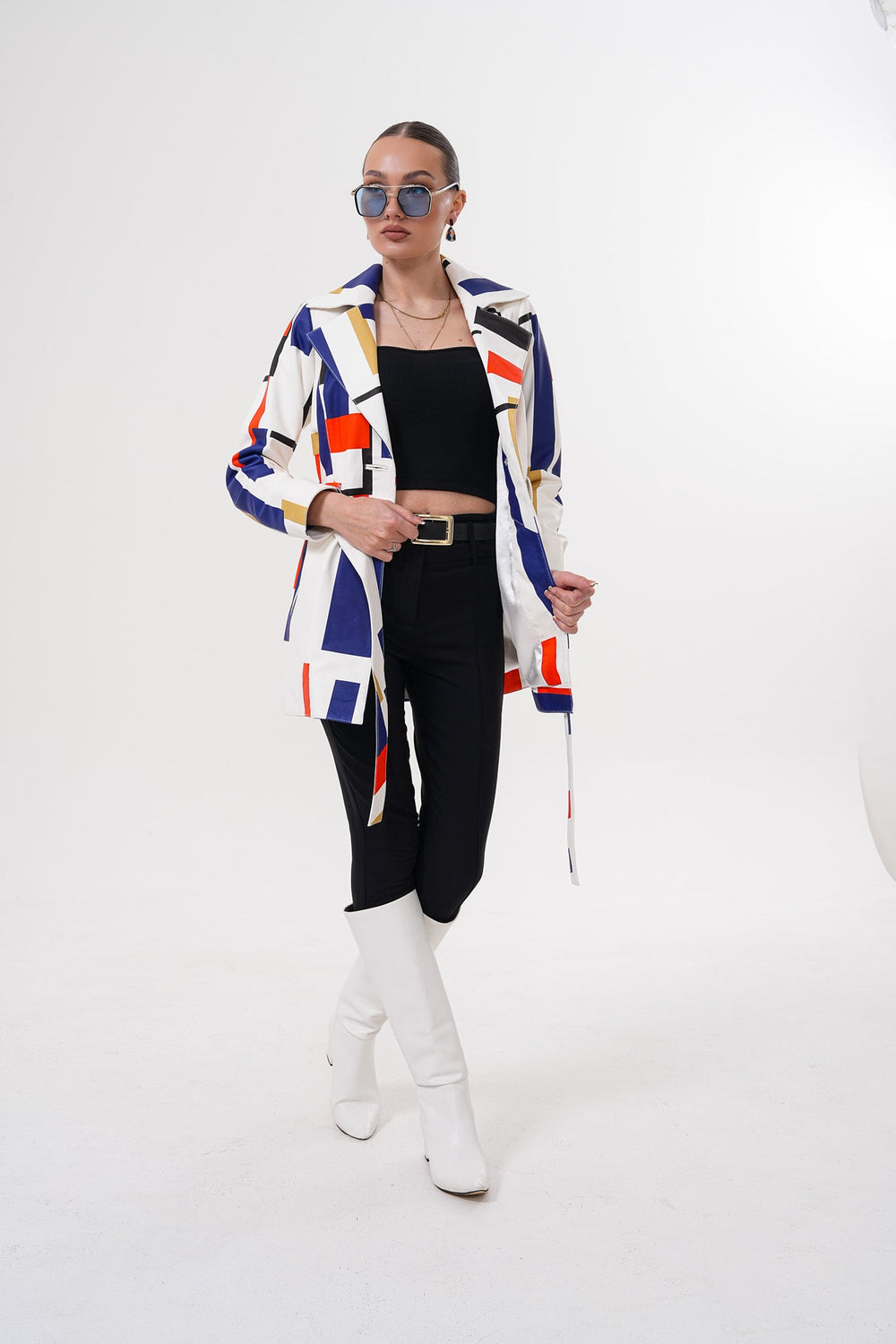 Sienna Abstract Art Leather Jacket – Red Navy Edition