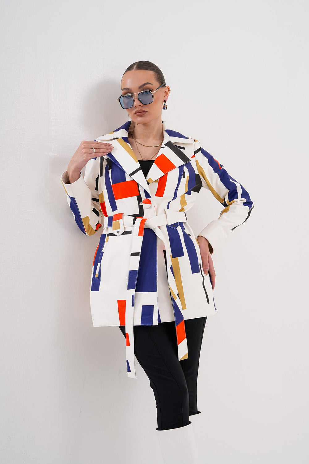 Sienna Abstract Art Leather Jacket – Red Navy Edition