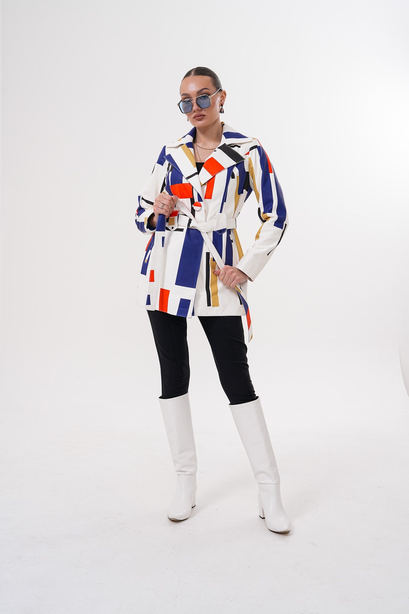 Sienna Abstract Art Leather Jacket – Red Navy Edition