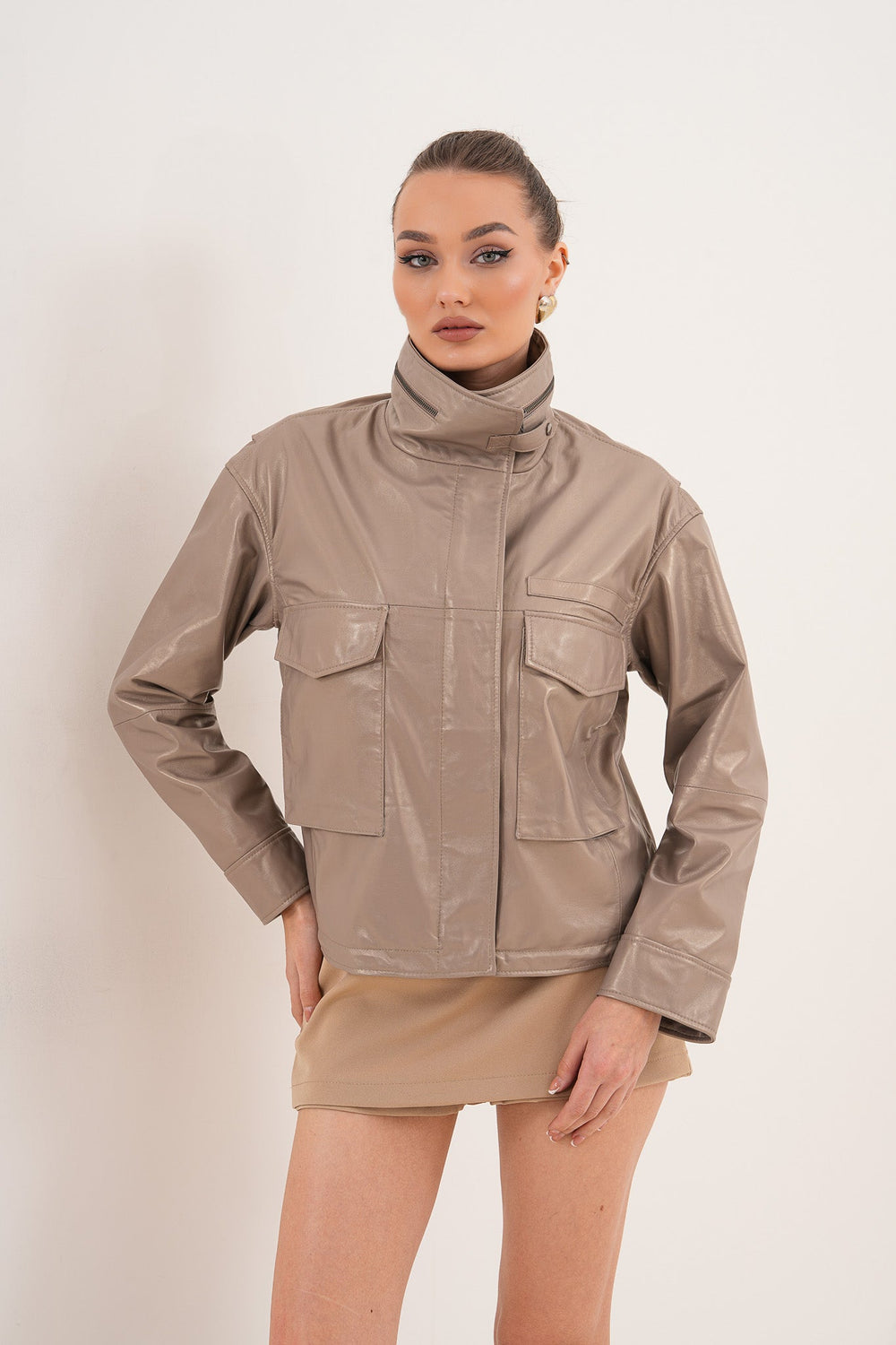 The Ravelyn Taupe Leather Jacket