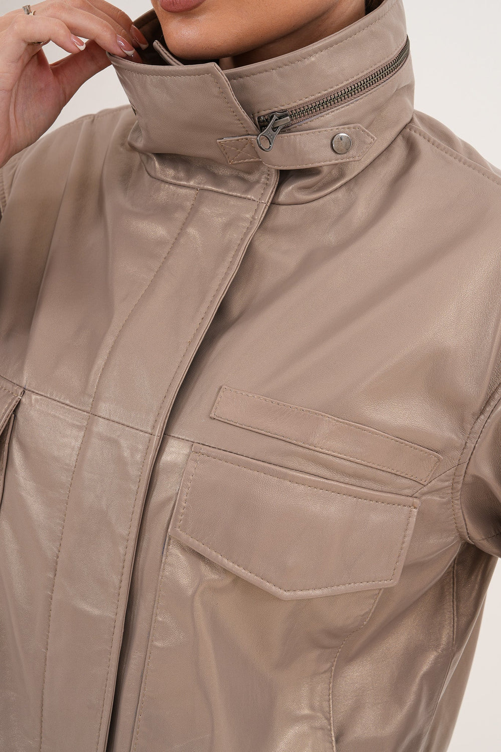 The Ravelyn Taupe Leather Jacket
