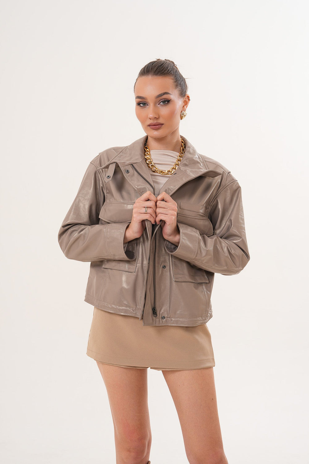 The Ravelyn Taupe Leather Jacket