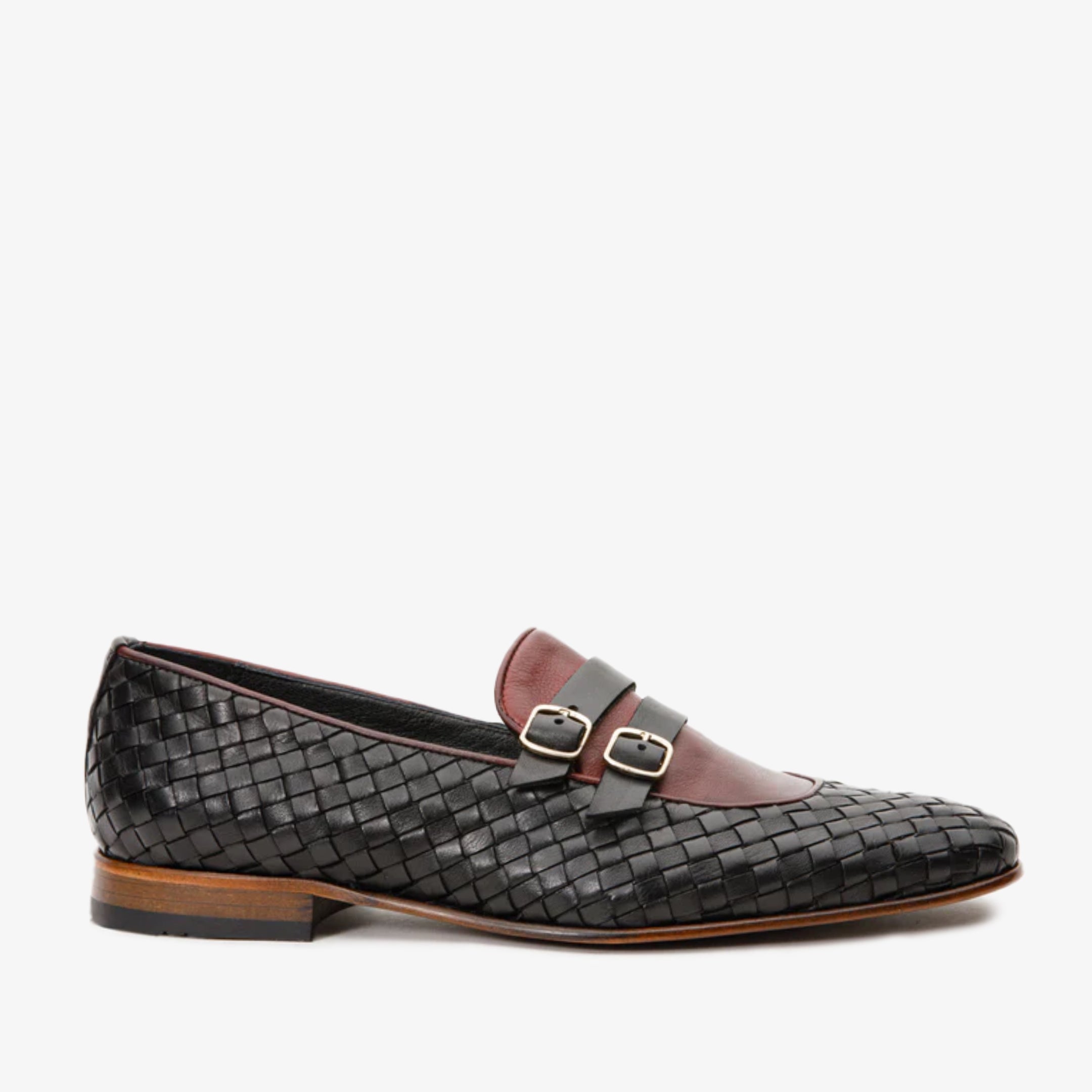 The Vatra Black Burgundy Woven Double Monk Strap Shoe