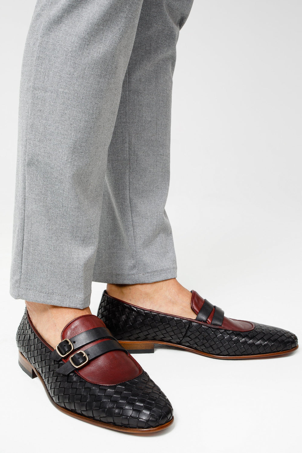The Vatra Black Burgundy Woven Double Monk Strap Shoe