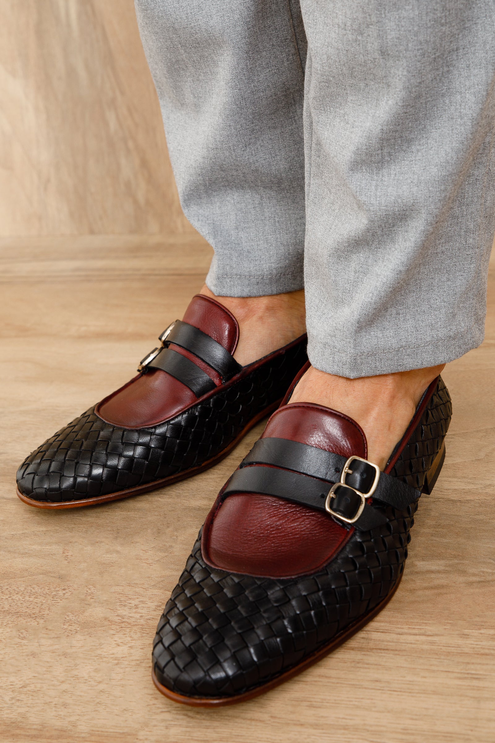 The Vatra Black Burgundy Woven Double Monk Strap Shoe