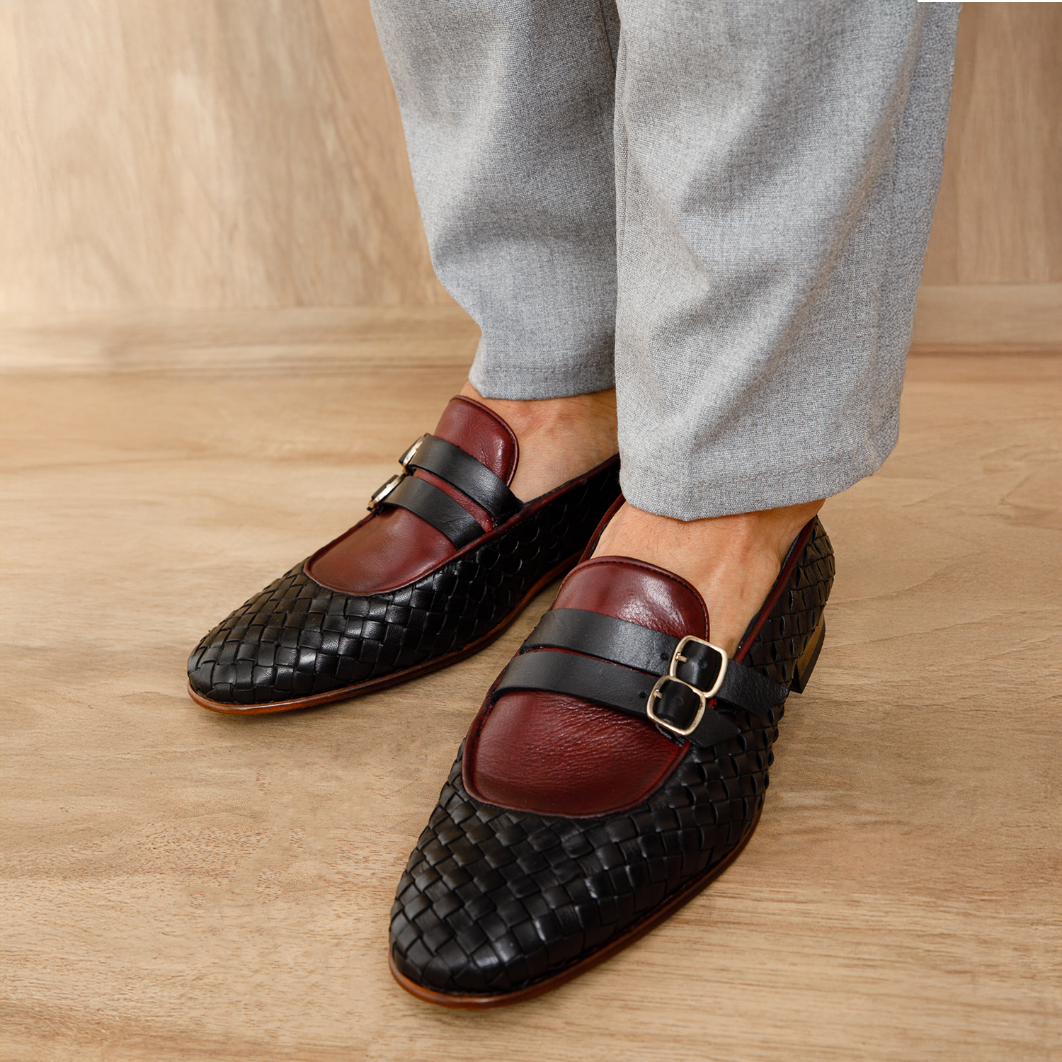 The Vatra Black Burgundy Woven Double Monk Strap Shoe