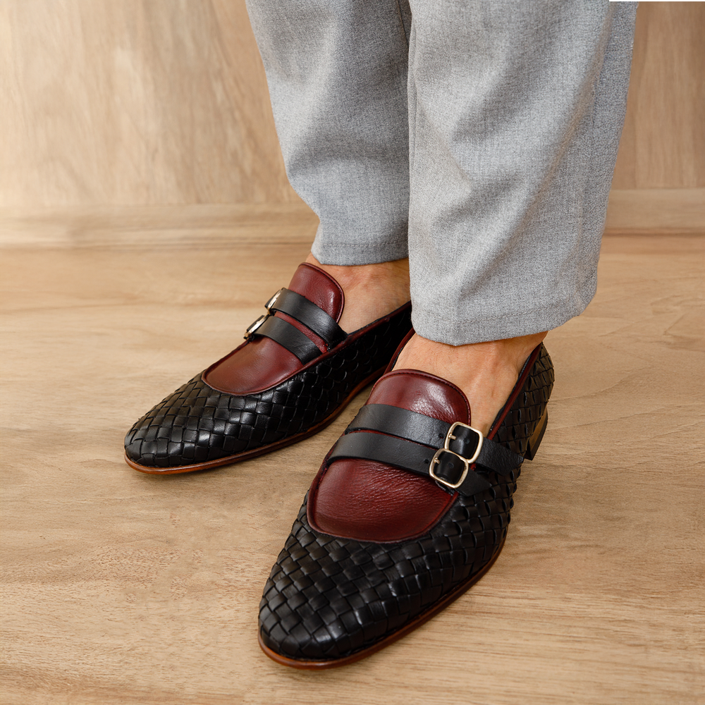 The Vatra Black Burgundy Woven Double Monk Strap Shoe