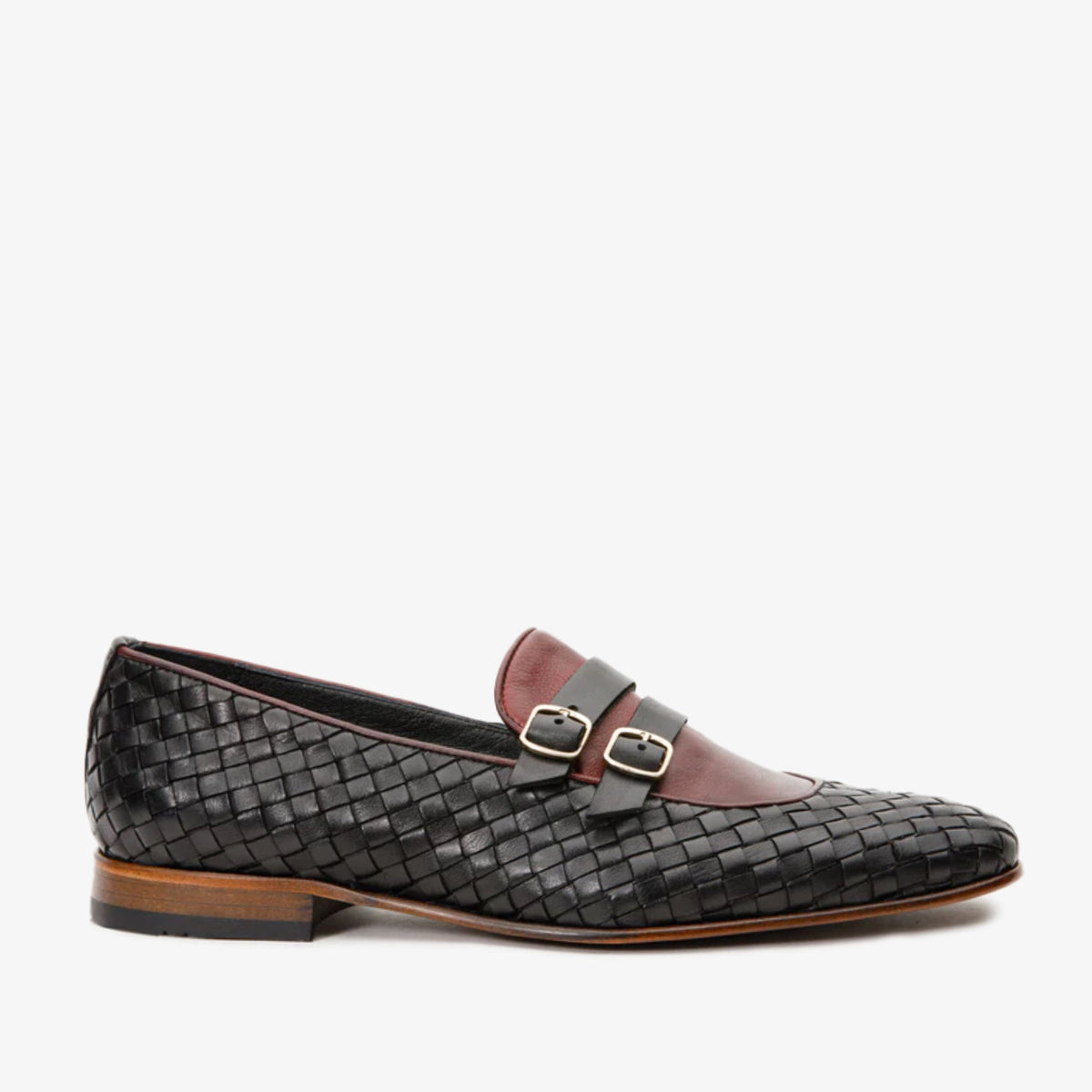 The Vatra Black Burgundy Woven Double Monk Strap Shoe
