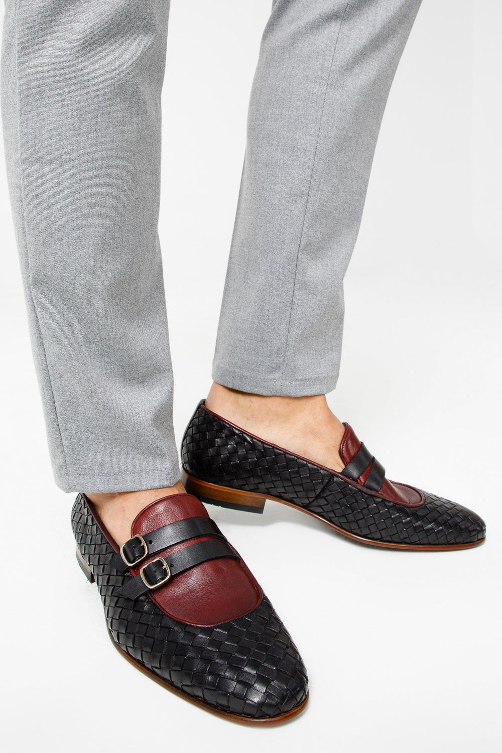 The Vatra Black Burgundy Woven Double Monk Strap Shoe