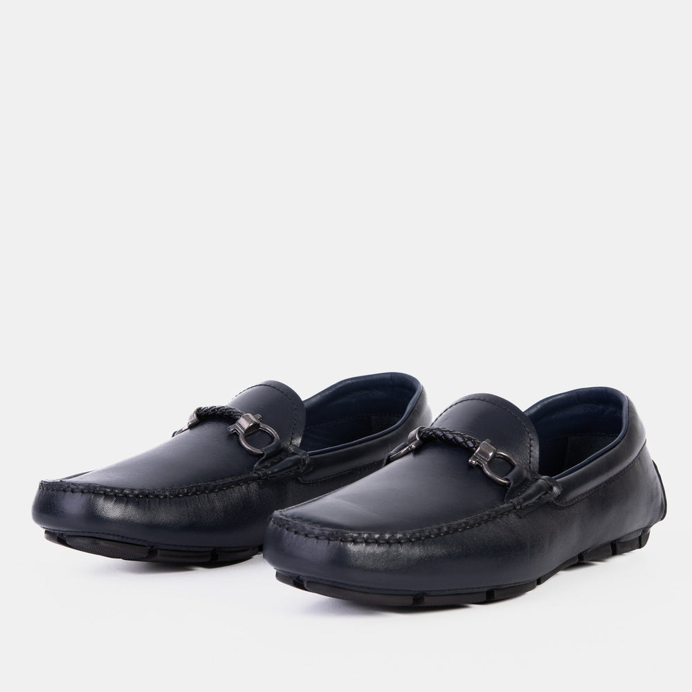 Pavia Navy Blue Leather Bit Drive Loafer Shoe