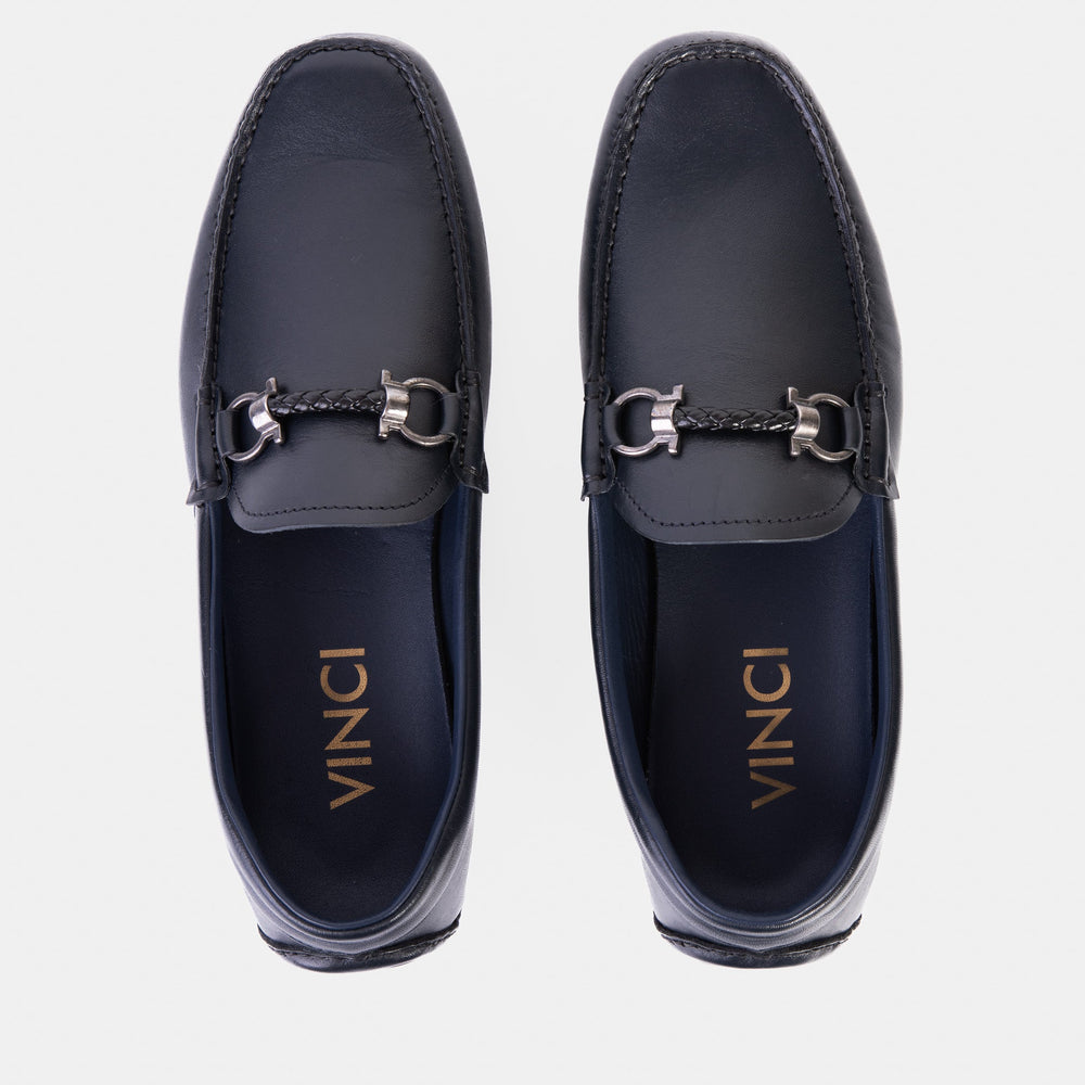 Pavia Navy Blue Leather Bit Drive Loafer Shoe